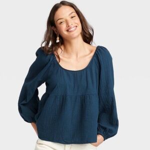 Women's Universal Thread Long Sleeve Baby Doll Peasant Scoop Neck 100% Cotton